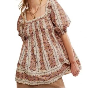 Free People Women's Vintage Lover Floral Print Short Sleeve Blouse Small